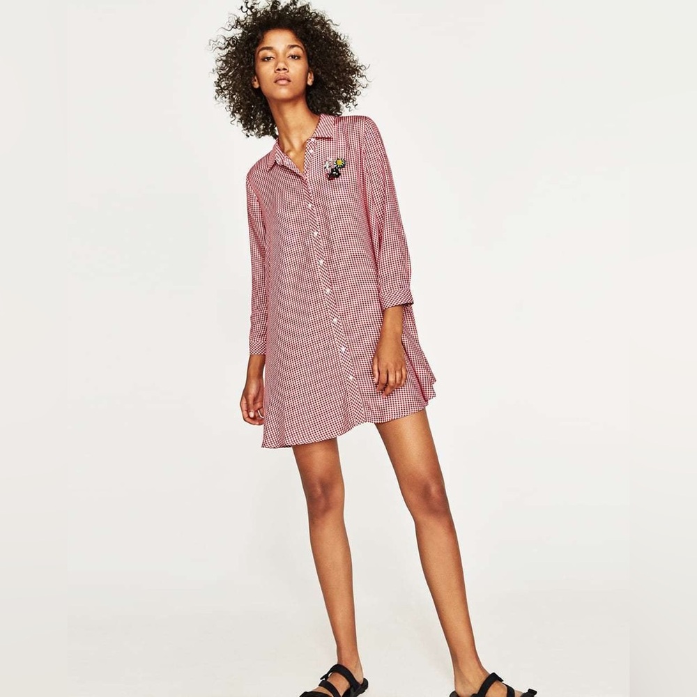 💋Zara Red Gingham Button Down Shirtdress/ Tunic W/ Appliqué Sz M Americana July4